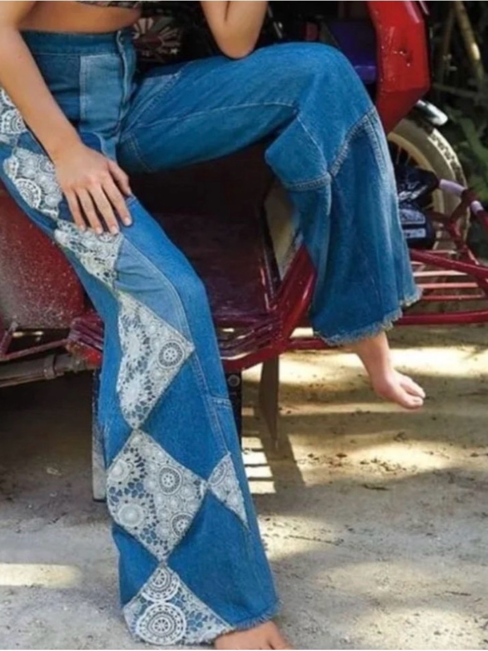 Free People My Element Patchwork Wide Crochet Flare Leg Jeans Size 25